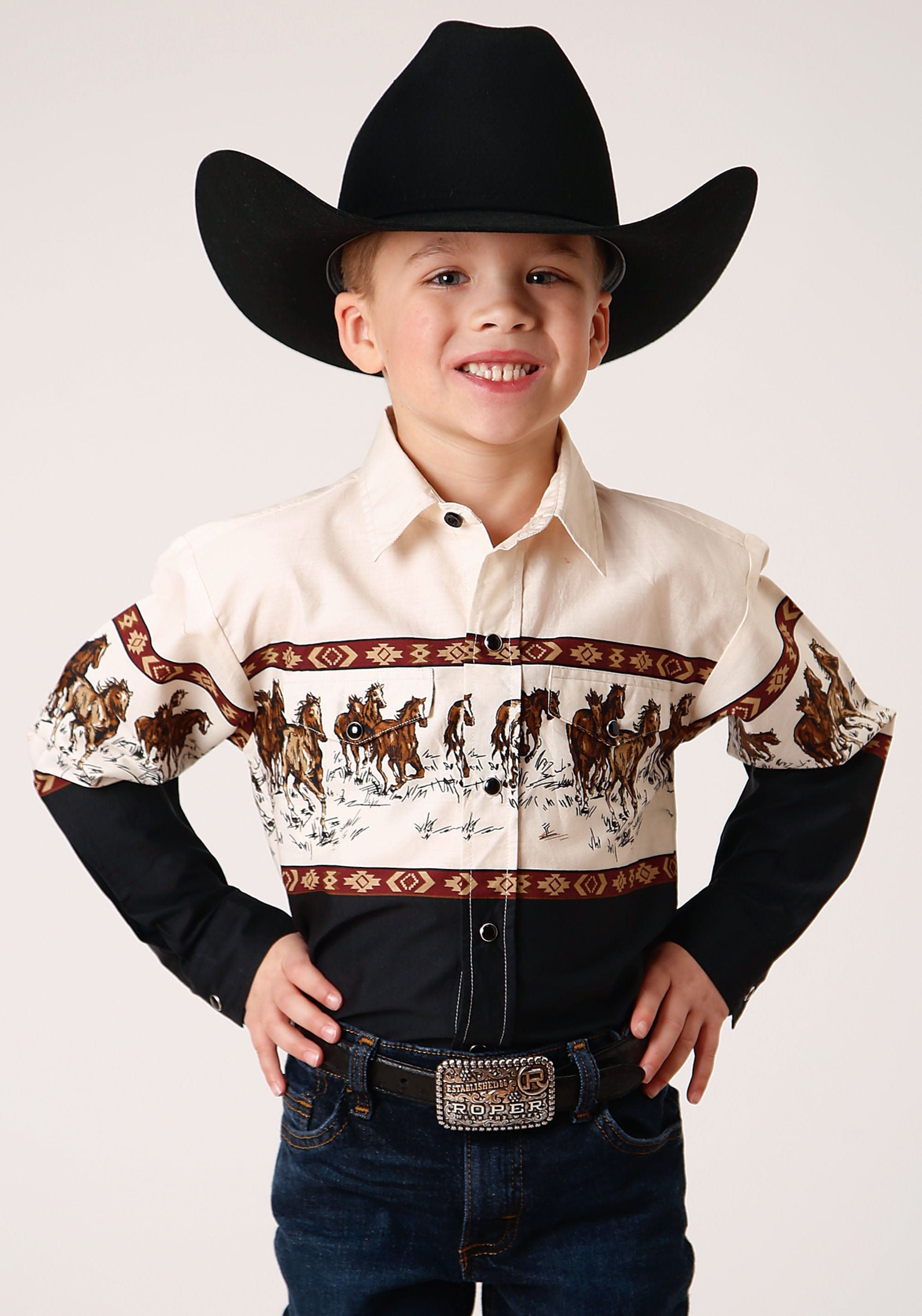 Roper Boys Long Sleeve Snap Running Horse Border Print Western Shirt - Roper