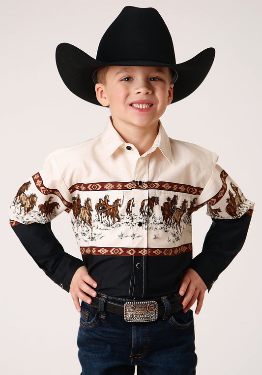 Roper Boys Long Sleeve Snap Running Horse Border Print Western Shirt - Roper