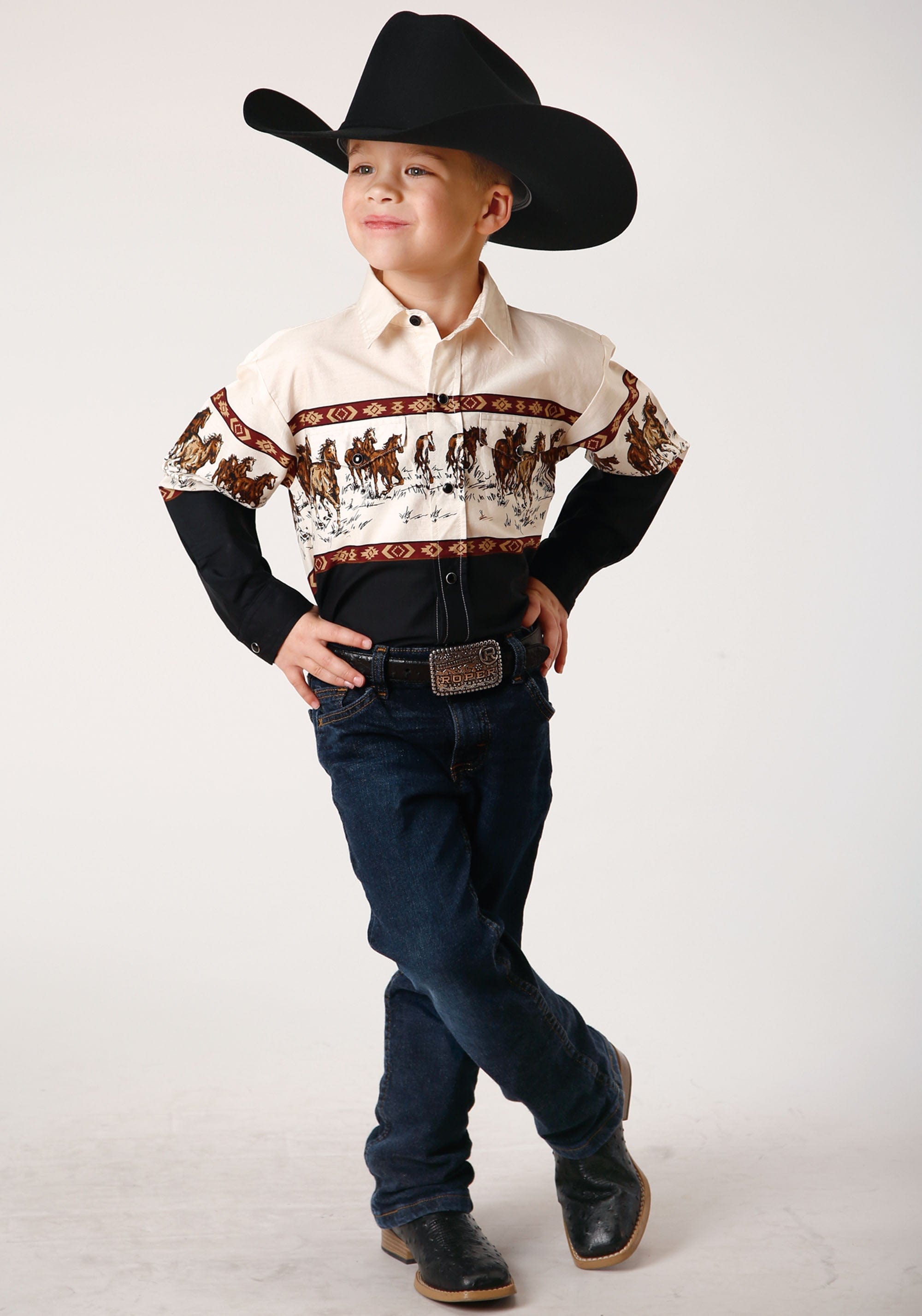 Roper Boys Long Sleeve Snap Running Horse Border Print Western Shirt - Roper