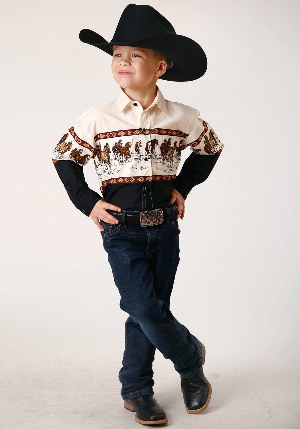 Roper Boys Long Sleeve Snap Running Horse Border Print Western Shirt - Roper - Flyclothing LLC