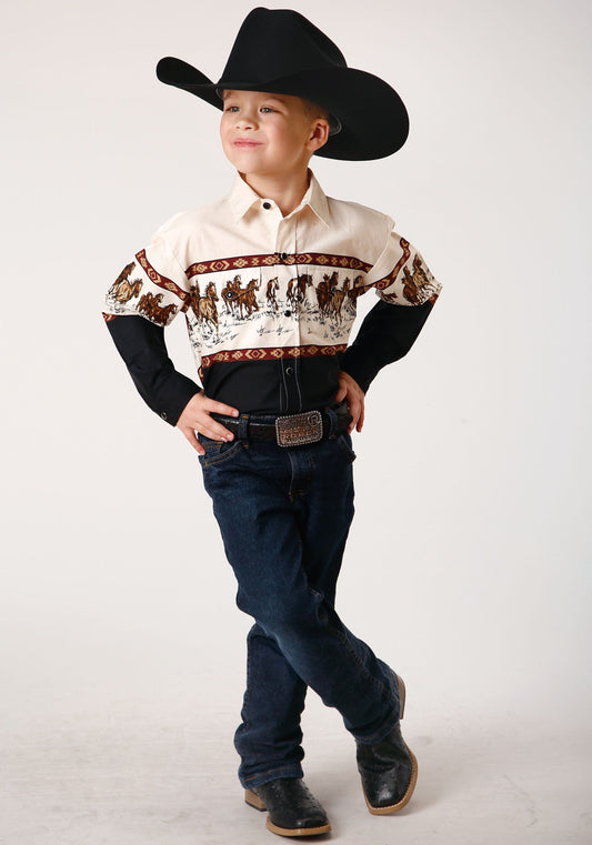 Roper Boys Long Sleeve Snap Running Horse Border Print Western Shirt - Roper
