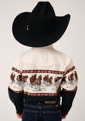 Roper Boys Long Sleeve Snap Running Horse Border Print Western Shirt