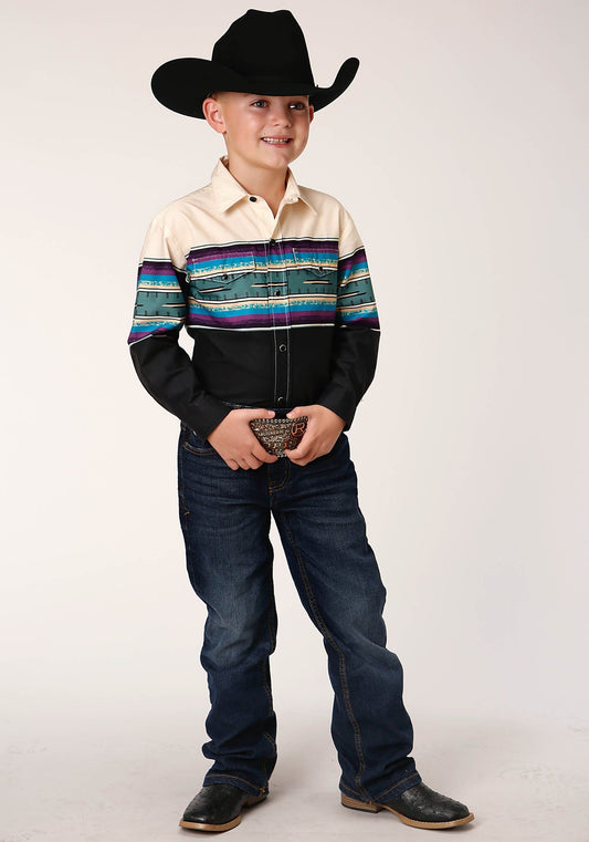 Roper Boys Long Sleeve Snap Greenline Serape Border Western Shirt - Roper