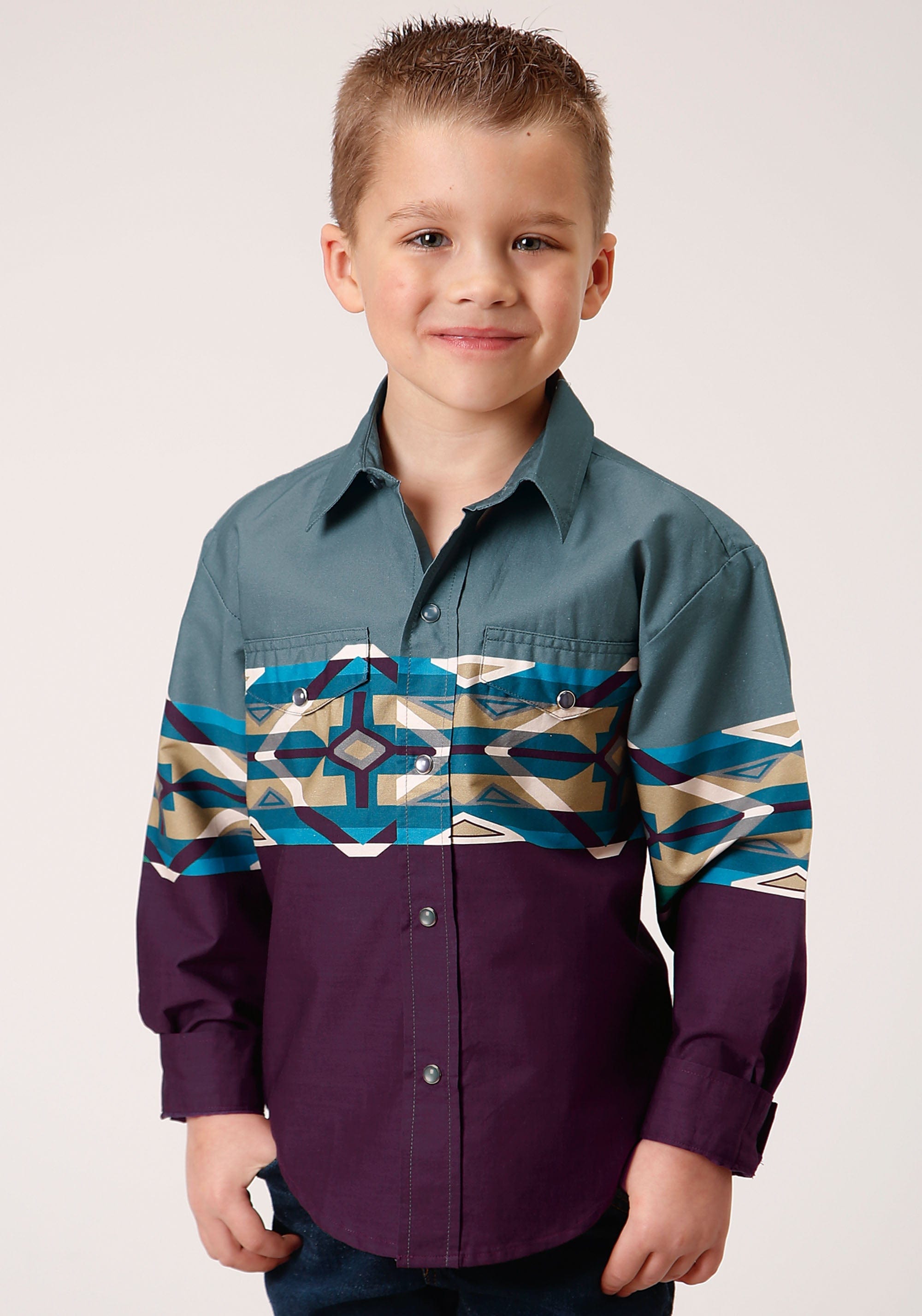 Roper Boys Long Sleeve Snap Tile Aztec Border Print Western Shirt - Roper