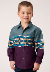 Roper Boys Long Sleeve Snap Tile Aztec Border Print Western Shirt - Roper