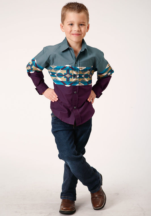 Roper Boys Long Sleeve Snap Tile Aztec Border Print Western Shirt - Roper