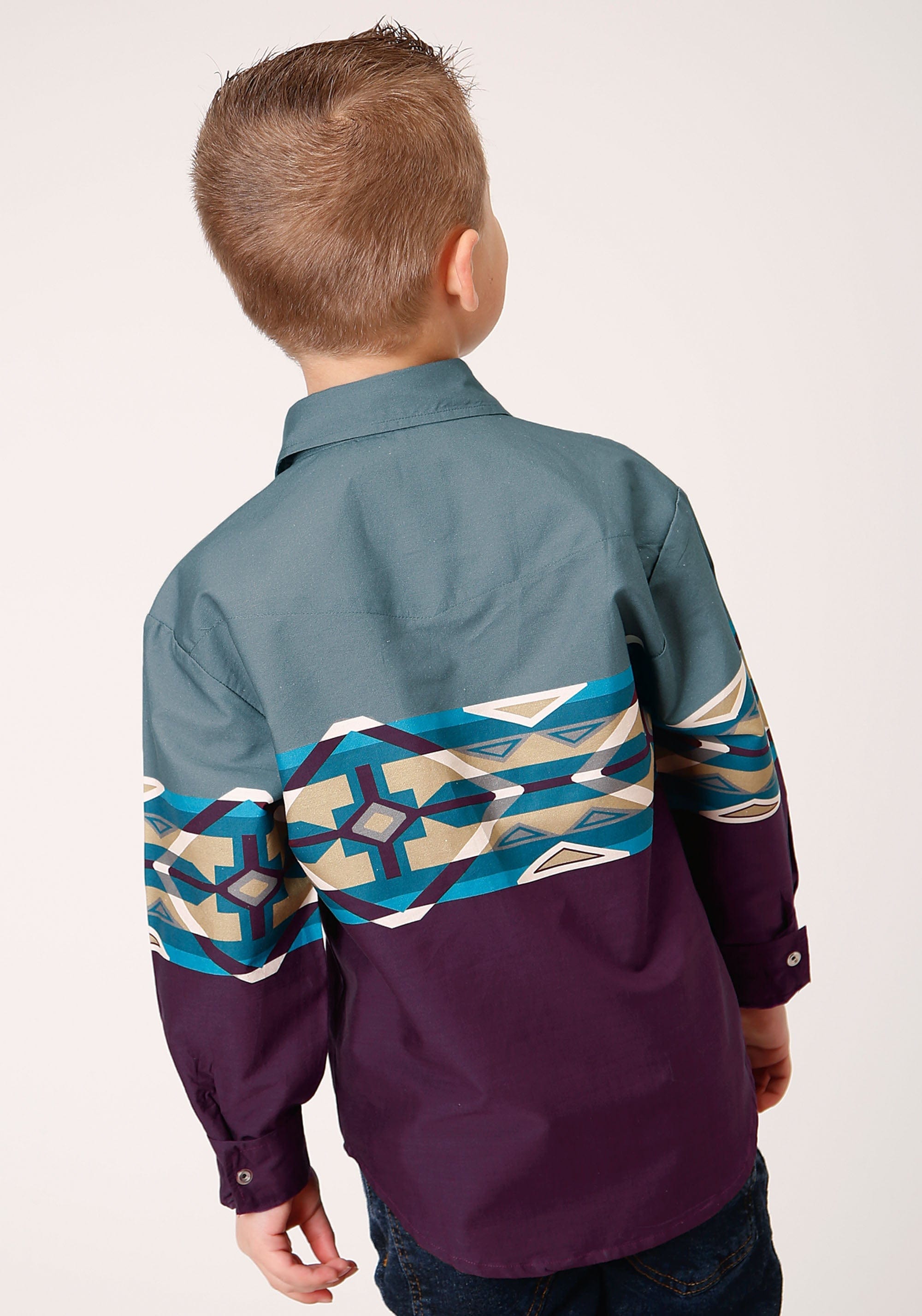 Roper Boys Long Sleeve Snap Tile Aztec Border Print Western Shirt - Roper