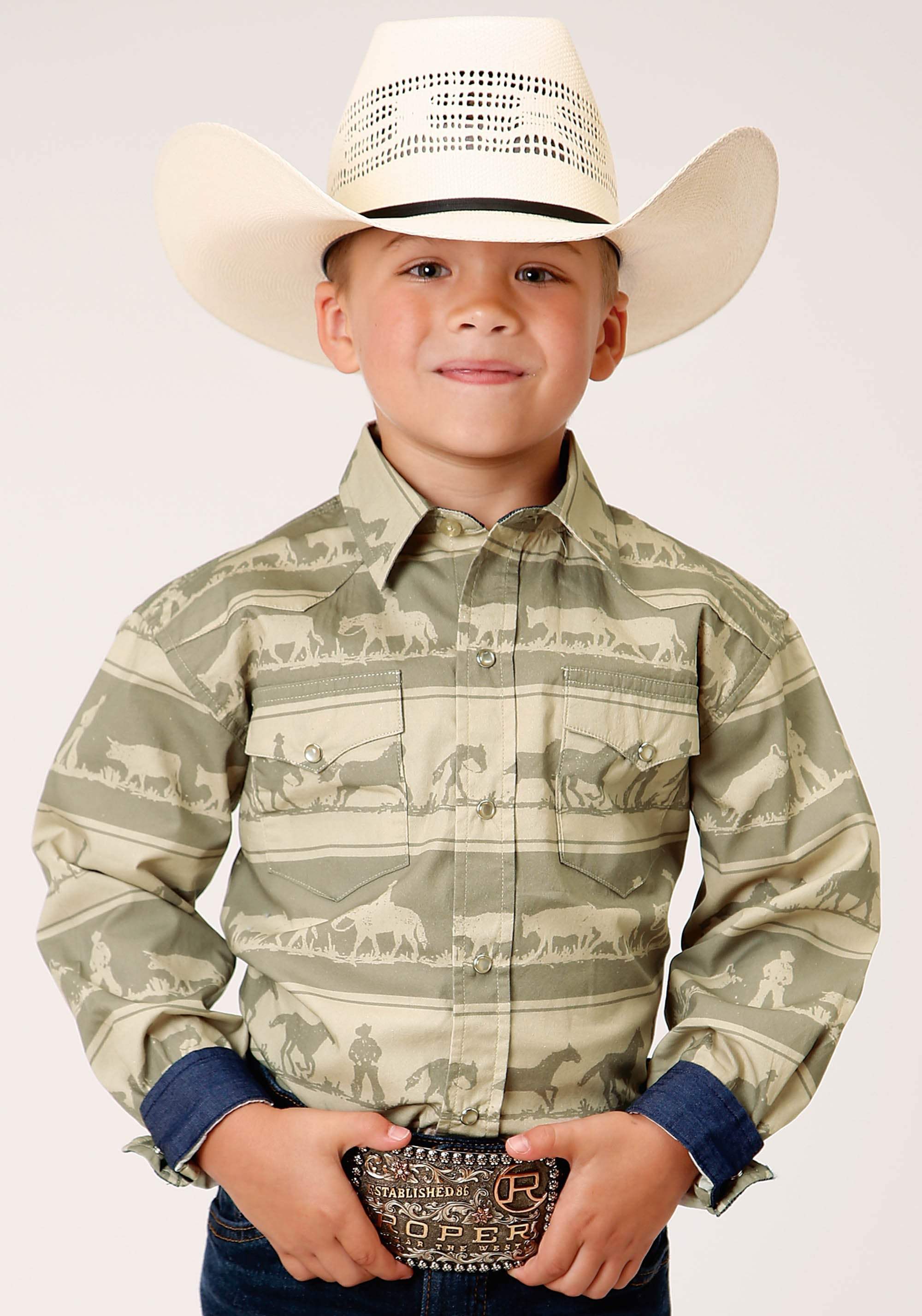 Roper Boys Long Sleeve Snap Cowboy Rugby Horizontal Print Western Shirt - Roper - Flyclothing LLC