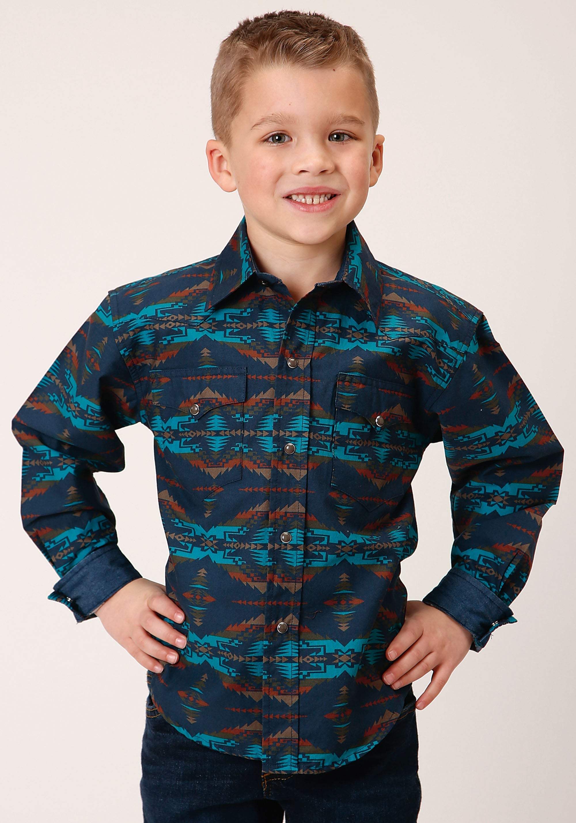 Roper Boys Long Sleeve Snap Turquoise Blanket Horizontal Print Western Shirt - Roper - Flyclothing LLC