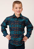 Roper Boys Long Sleeve Snap Turquoise Blanket Horizontal Print Western Shirt - Roper