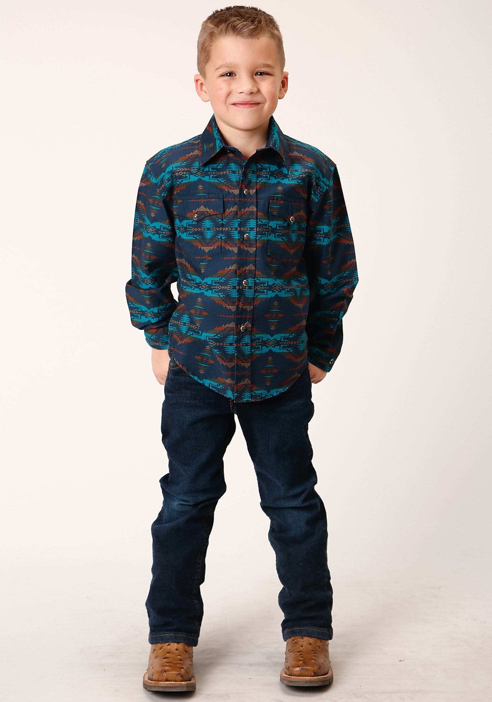 Roper Boys Long Sleeve Snap Turquoise Blanket Horizontal Print Western Shirt - Roper - Flyclothing LLC