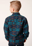 Roper Boys Long Sleeve Snap Turquoise Blanket Horizontal Print Western Shirt - Roper