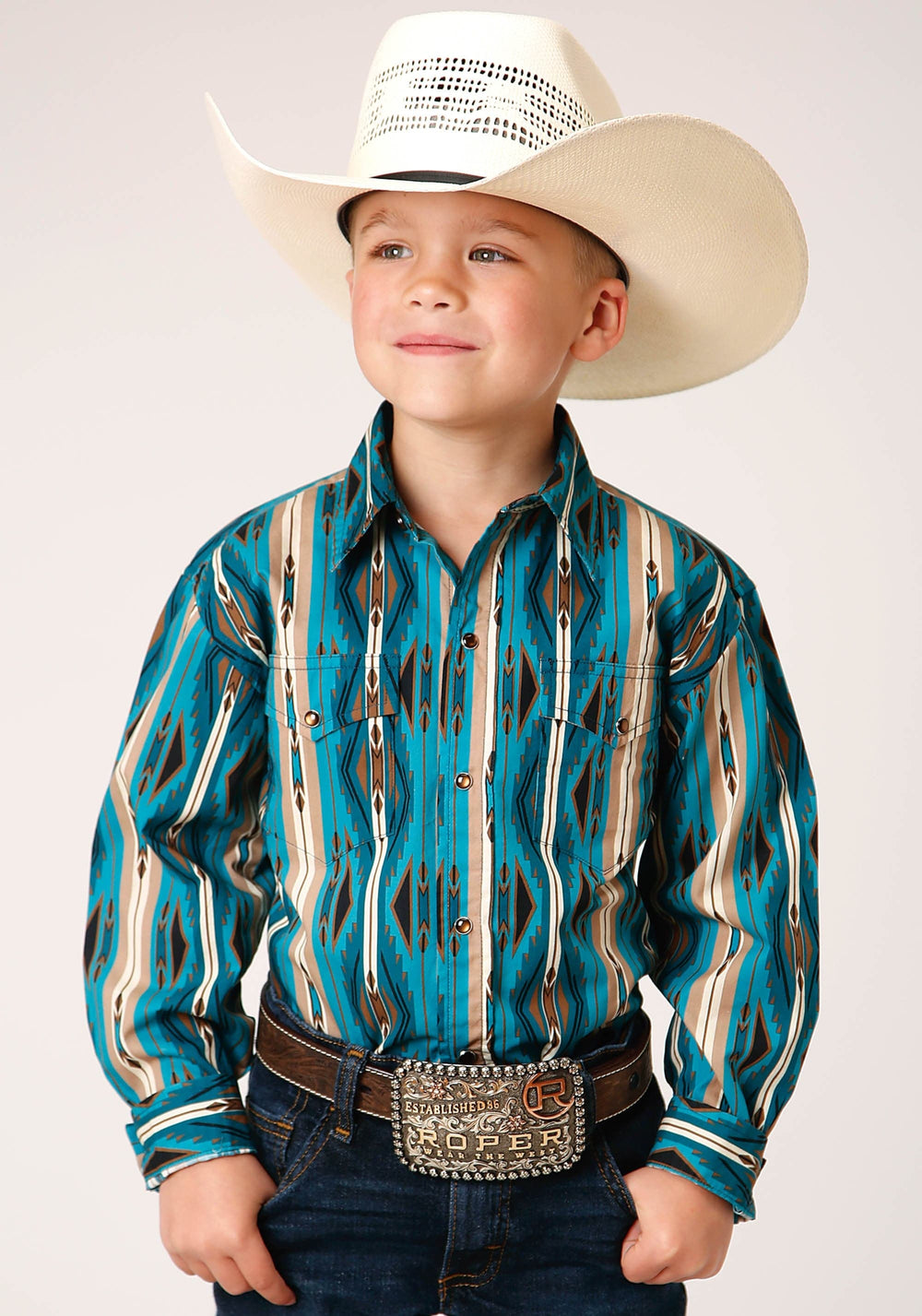 Roper Boys Long Sleeve Snap Aztec Stripe Western Shirt - Roper