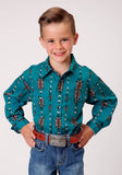 Roper Boys Long Sleeve Snap Teal Aztec Stripe Western Shirt - Roper