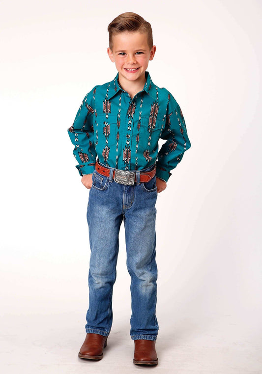 Roper Boys Long Sleeve Snap Teal Aztec Stripe Western Shirt - Roper - Flyclothing LLC