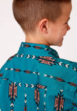 Roper Boys Long Sleeve Snap Teal Aztec Stripe Western Shirt - Roper