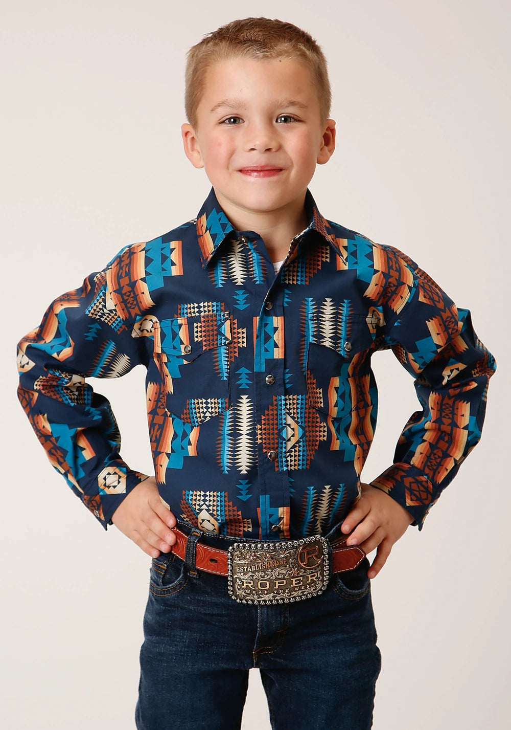 Roper Boys Long Sleeve Snap Navy Aztec Stripe Western Shirt - Roper
