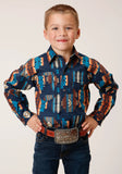 Roper Boys Long Sleeve Snap Navy Aztec Stripe Western Shirt - Roper