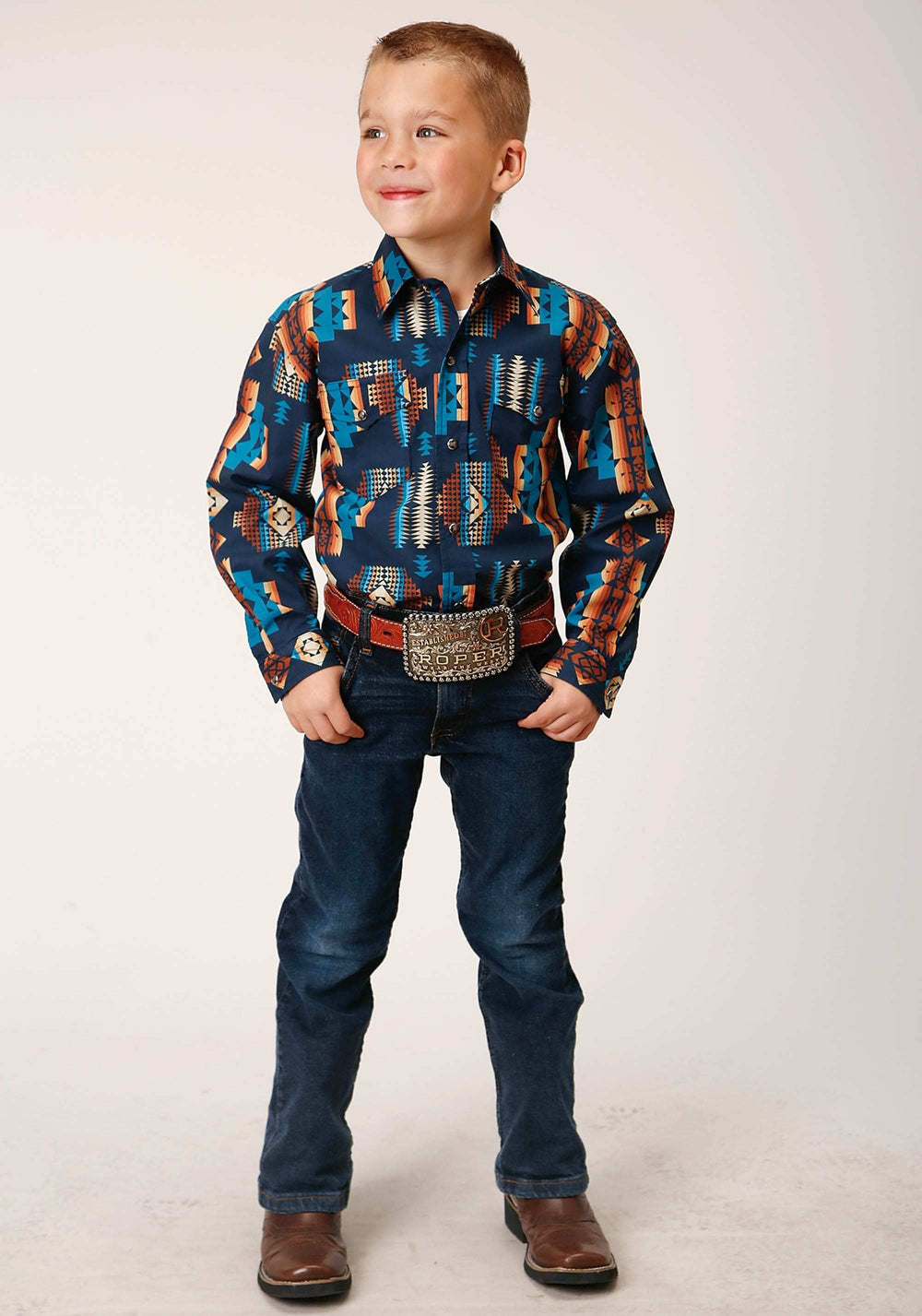 Roper Boys Long Sleeve Snap Navy Aztec Stripe Western Shirt - Roper - Flyclothing LLC