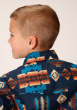 Roper Boys Long Sleeve Snap Navy Aztec Stripe Western Shirt - Roper