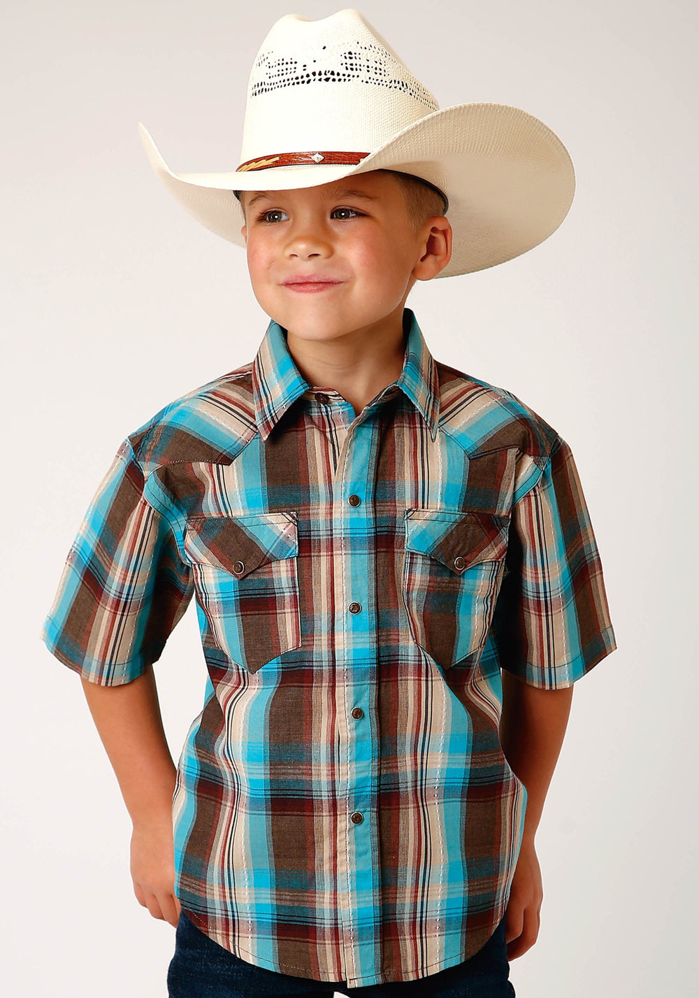 Roper Boys Short Sleeve Snap Desert Dobby Plaid Western Shirt - Roper