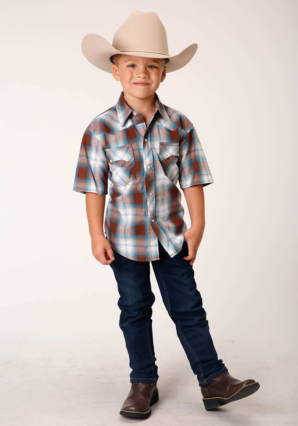 Roper Boys Short Sleeve Snap Dobby Check Western Shirt - Roper - Flyclothing LLC