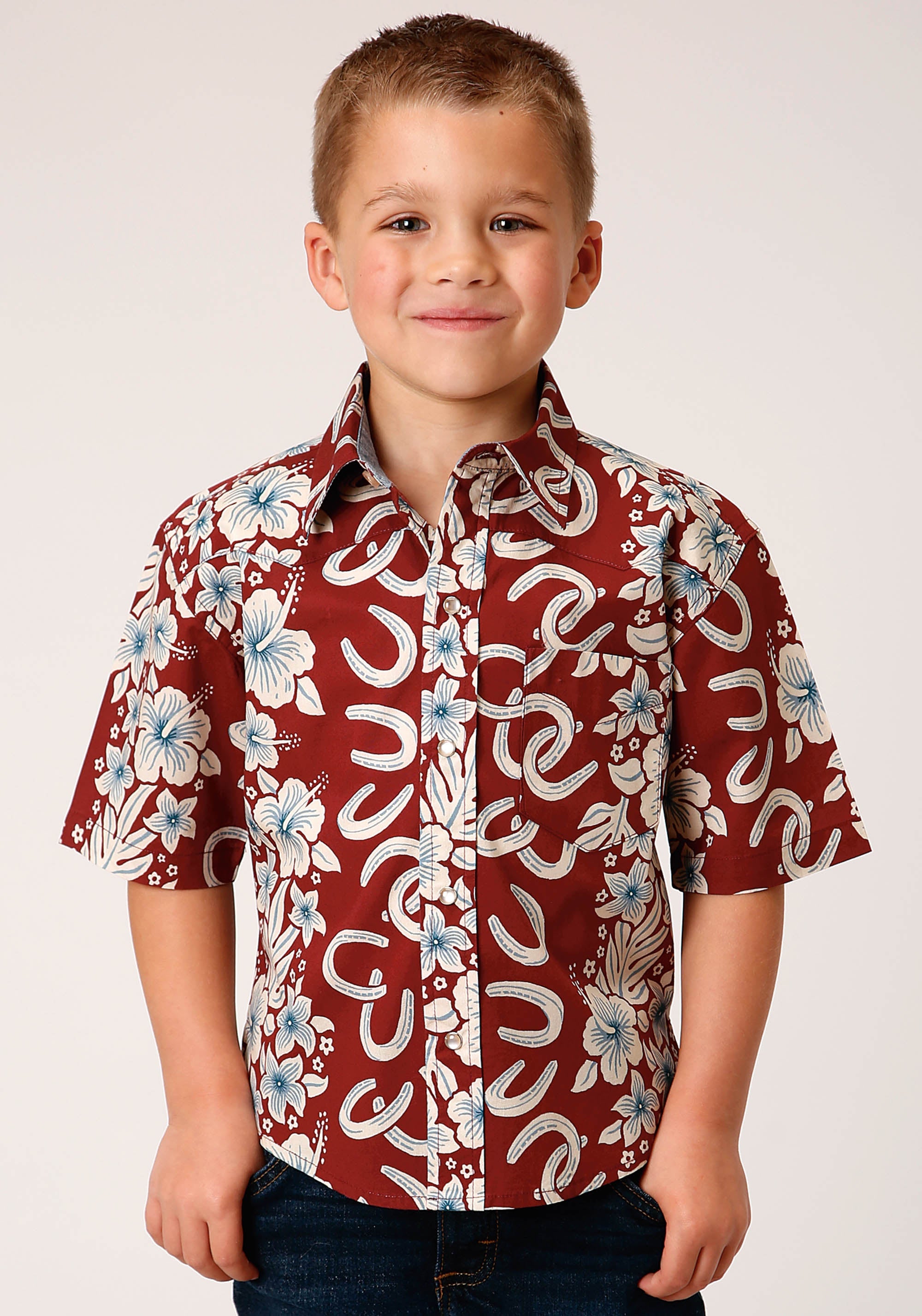 Roper Boys Short Sleeve Snap Hawaiian Horseshoes Print Western Shirt