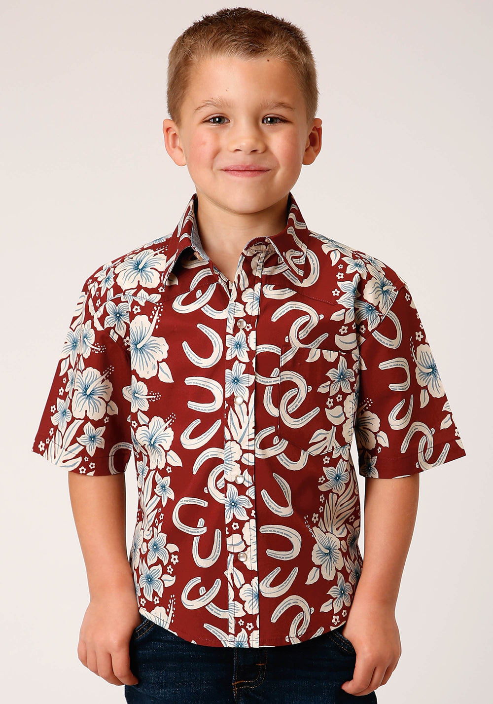 Roper Boys Short Sleeve Snap Hawaiian Horseshoes Print Western Shirt - Roper