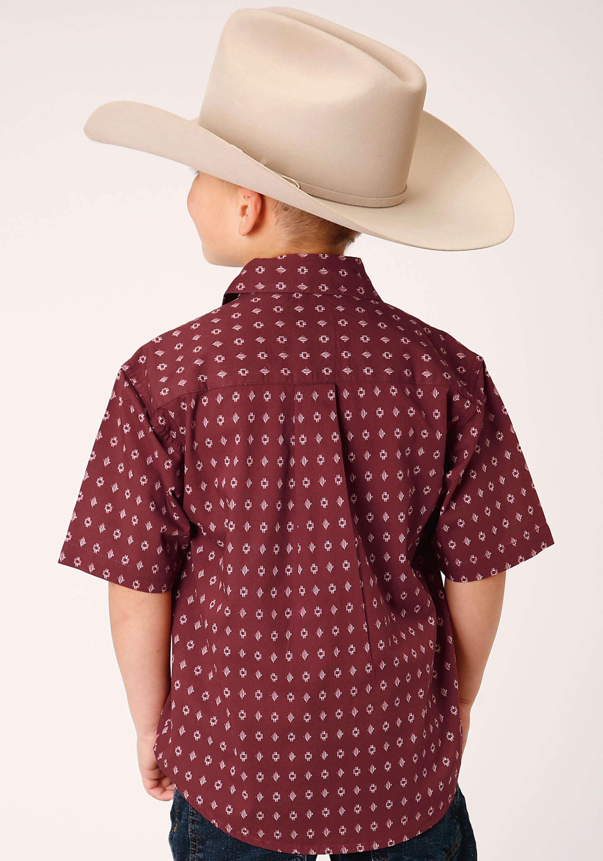 Roper Boys Short Sleeve Snap Texture Diamond Print Western Shirt