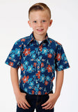 ROPER BOYS BLUE GROUND MULTICOLORED TROPICAL PRINT SHORT SLEEVE SNAP WESTERN WESTERN - Roper