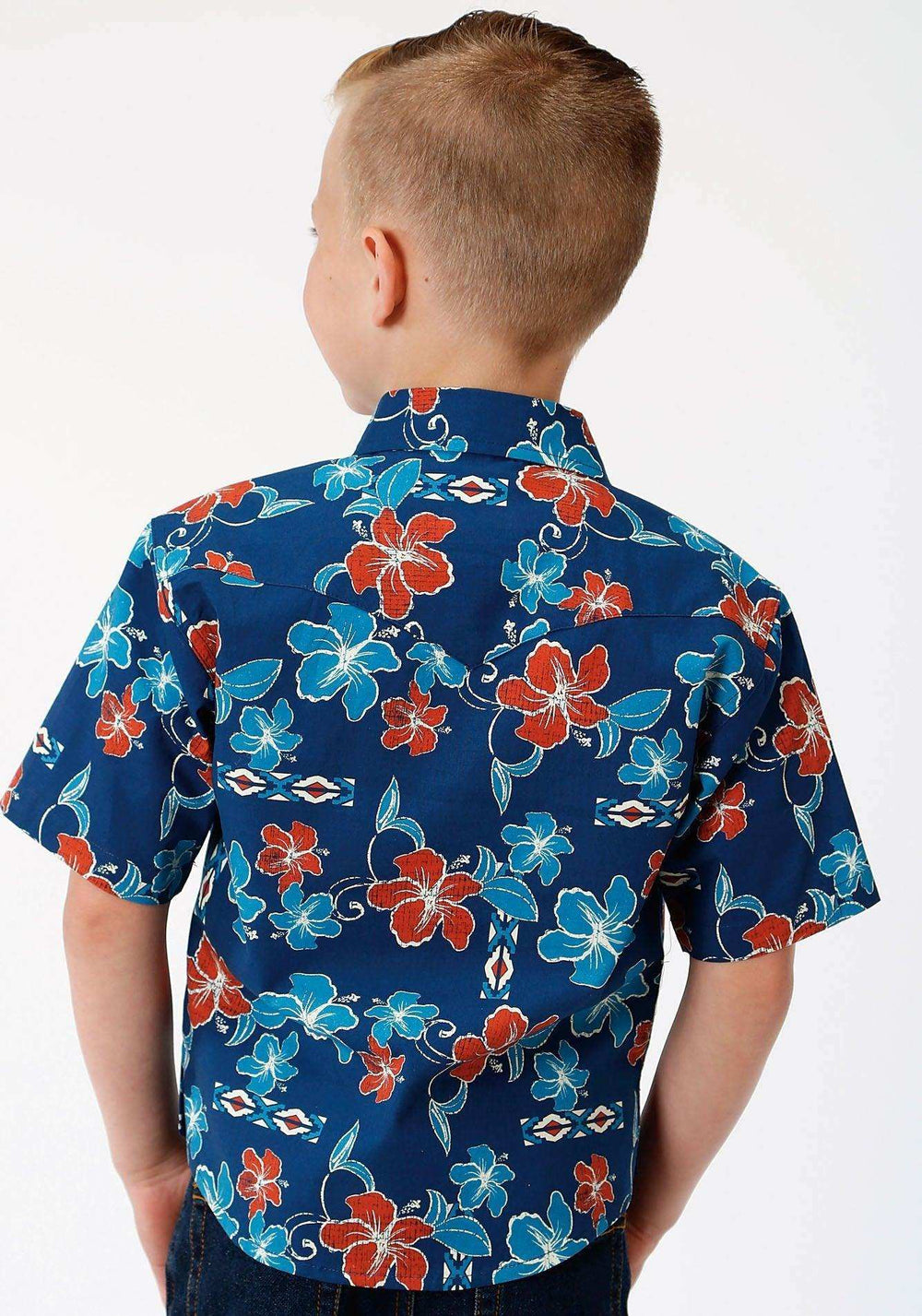 ROPER BOYS BLUE GROUND MULTICOLORED TROPICAL PRINT SHORT SLEEVE SNAP WESTERN WESTERN - Roper - Flyclothing LLC