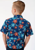 ROPER BOYS BLUE GROUND MULTICOLORED TROPICAL PRINT SHORT SLEEVE SNAP WESTERN WESTERN - Roper