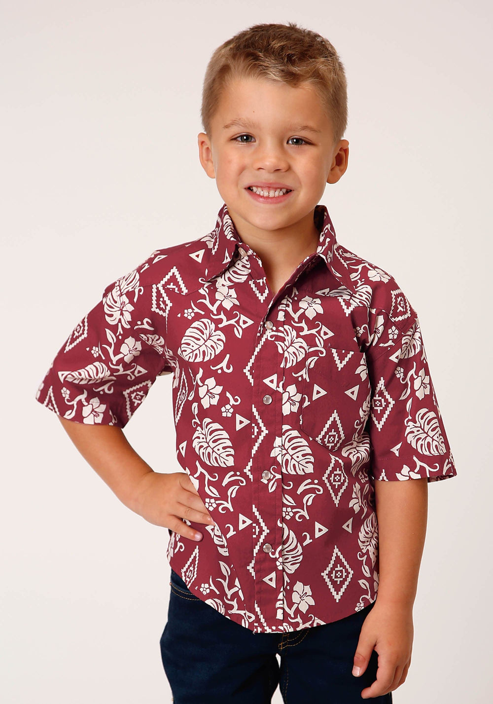 Roper Boys Short Sleeve Snap Red Tropics Western Shirt - Roper