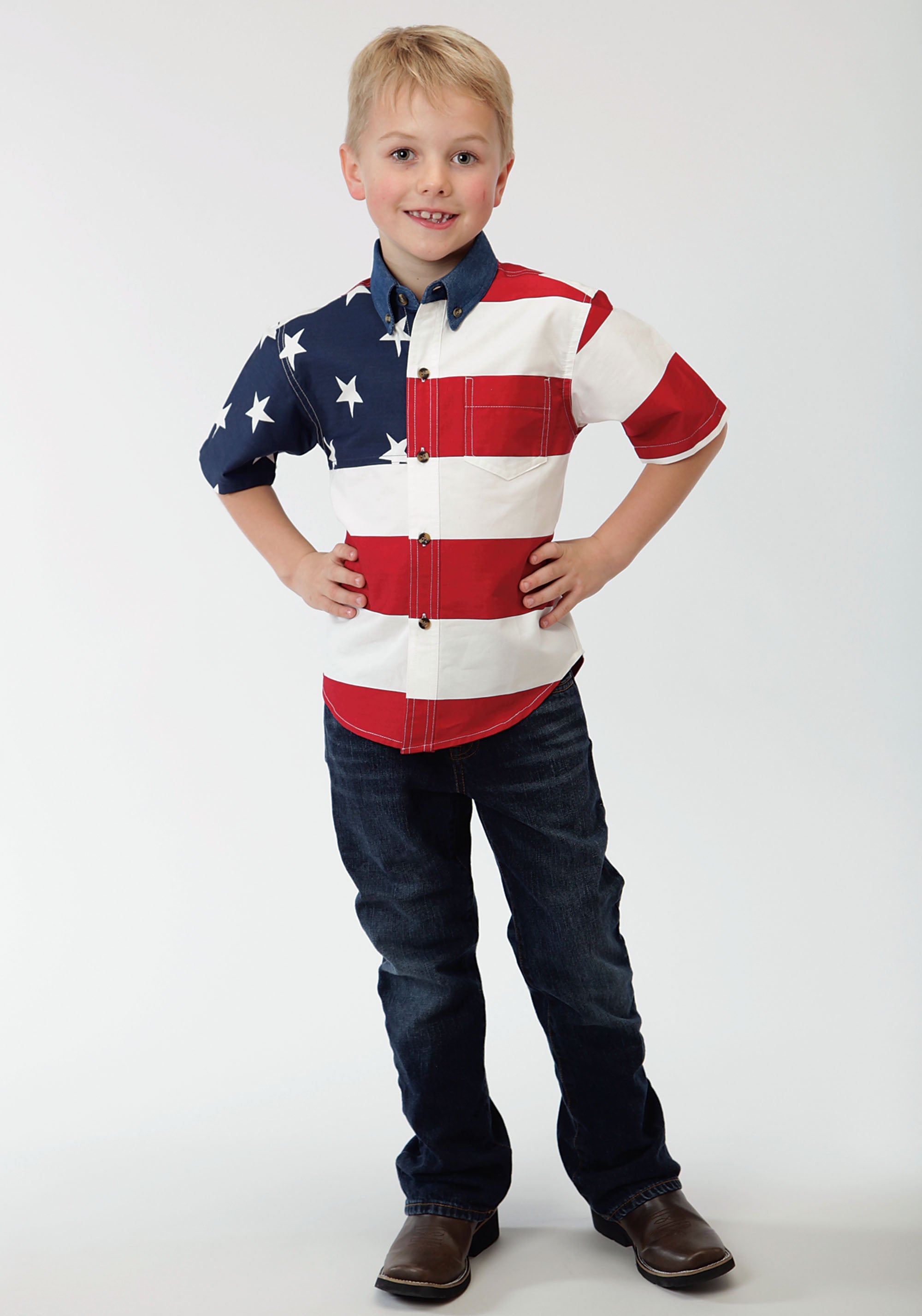Roper Boys Red White And Blue Stars And Stripes Pieced American Flag Shoprt Sleeve Western Snap Shirt