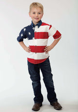 Roper Boys Red White And Blue Stars And Stripes Pieced American Flag Shoprt Sleeve Western Snap Shirt - Roper - Flyclothing LLC