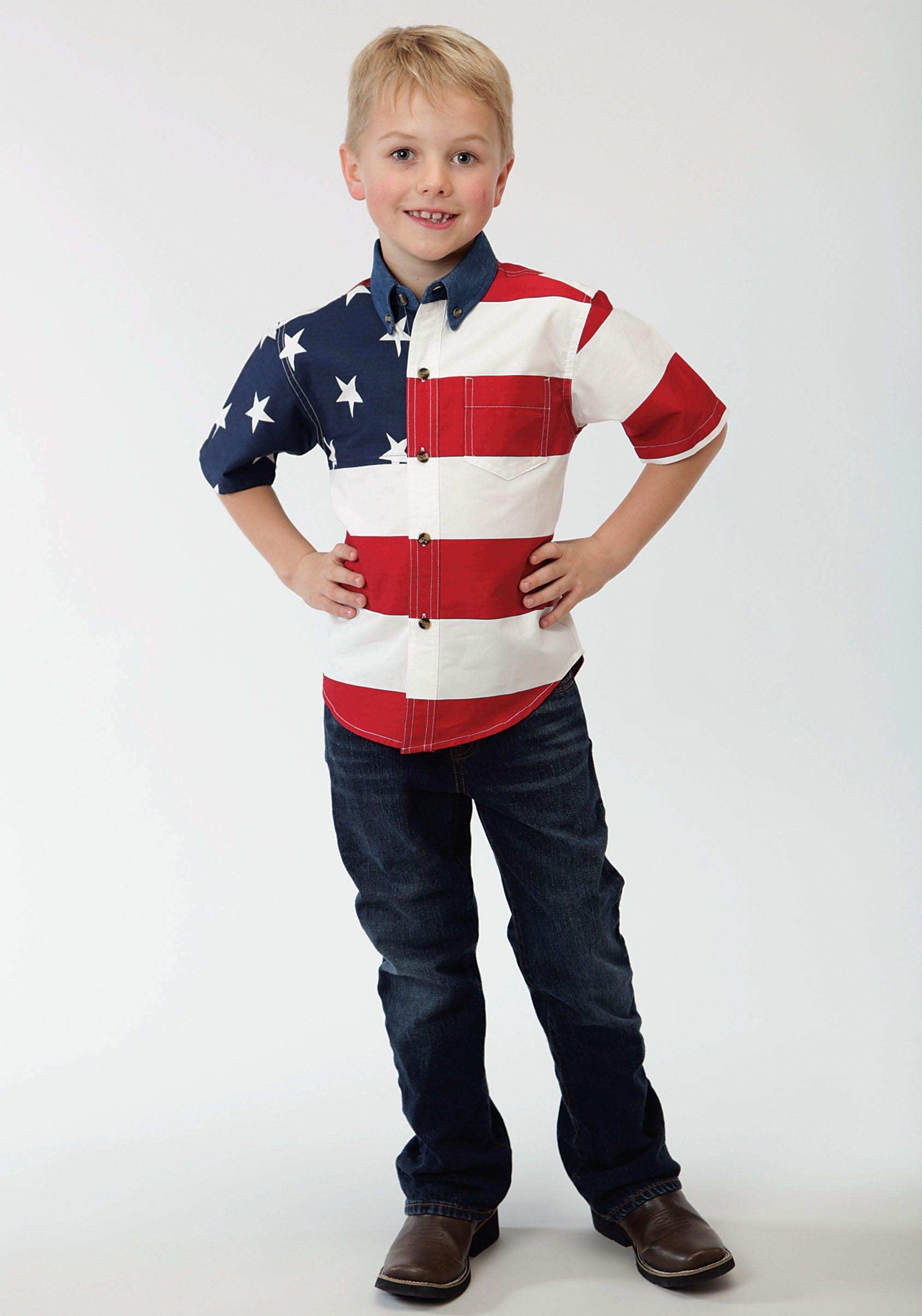 Roper Boys Red White And Blue Stars And Stripes Pieced American Flag Shoprt Sleeve Western Snap Shirt - Roper - Flyclothing LLC