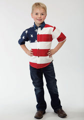 Roper Boys Red White And Blue Stars And Stripes Pieced American Flag Shoprt Sleeve Western Snap Shirt - Roper