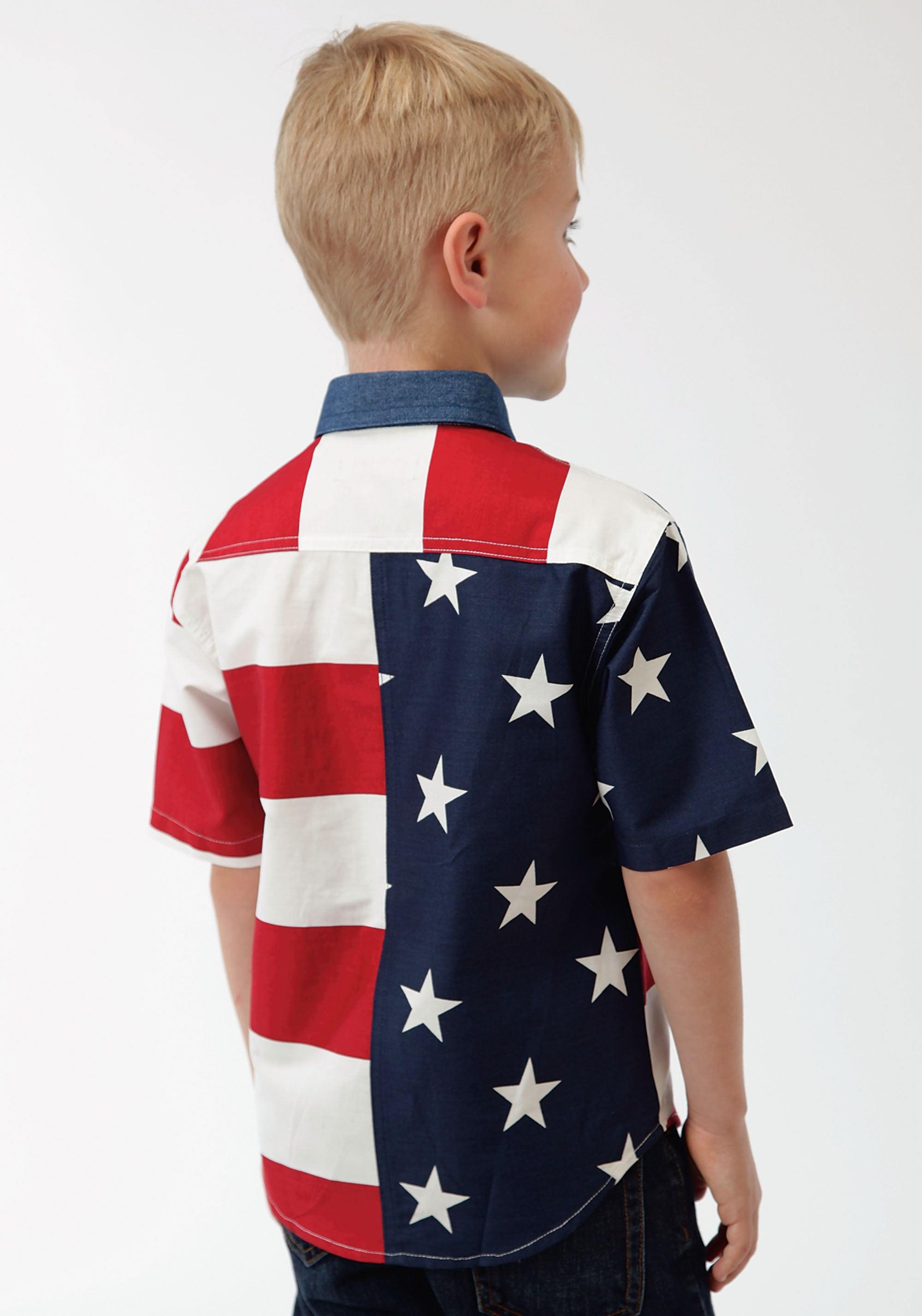 Roper Boys Red White And Blue Stars And Stripes Pieced American Flag Shoprt Sleeve Western Snap Shirt - Roper