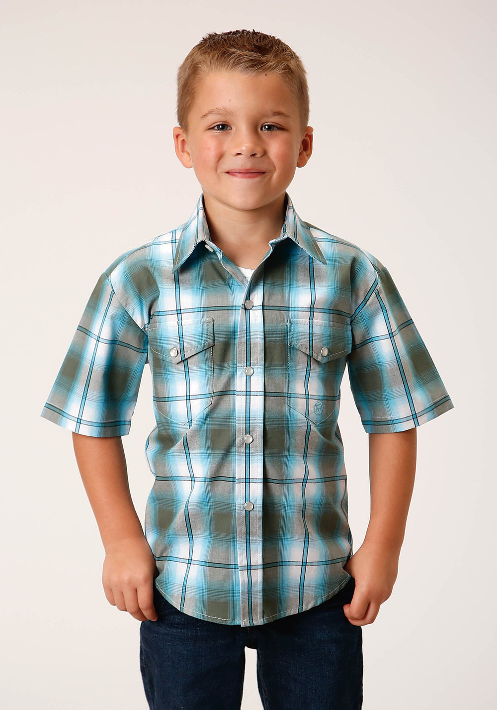 Roper Boys Short Sleeve Snap Meadow Plaid Western Shirt - Roper