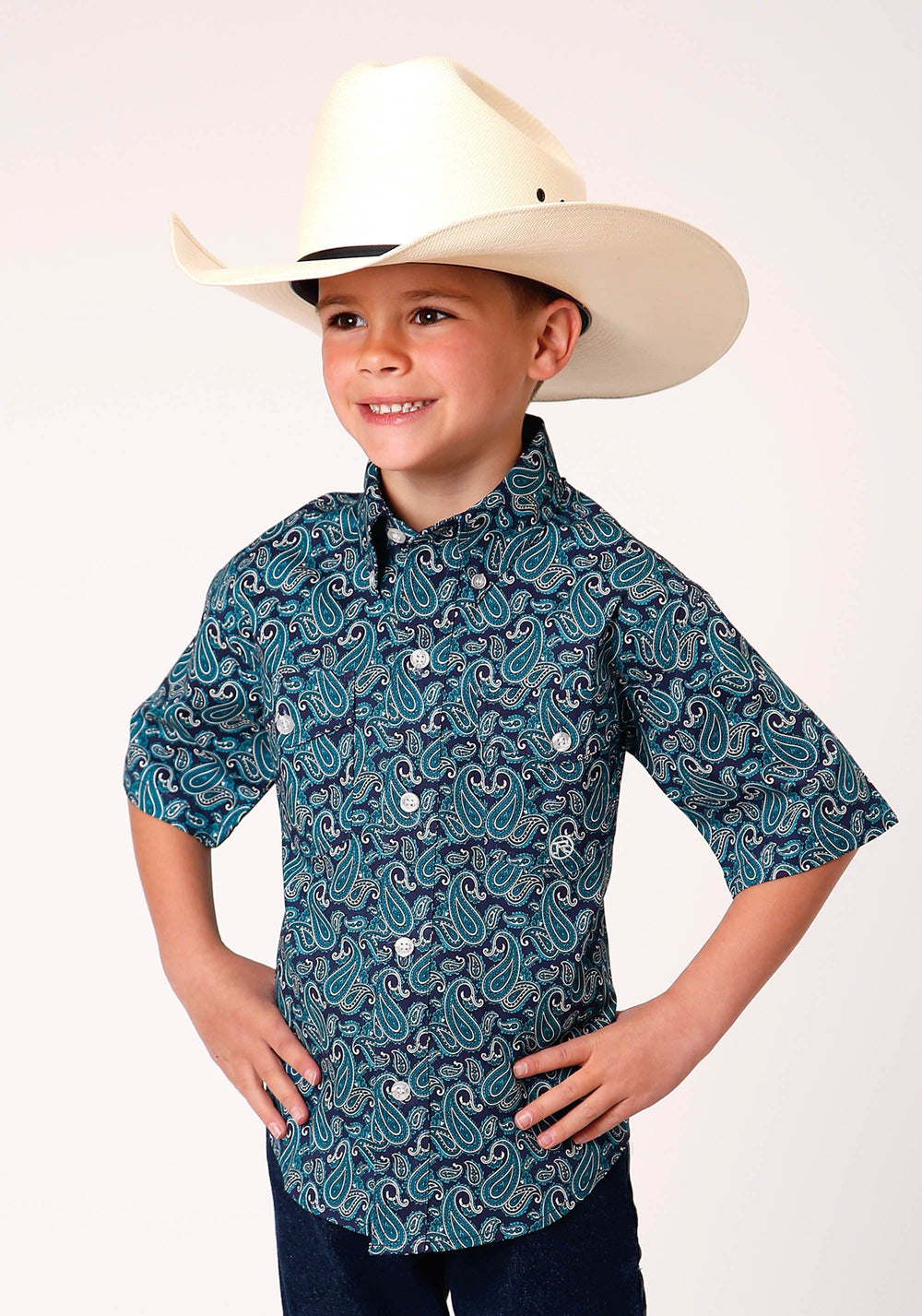 Roper Boys Short Sleeve Button Purple Sage Paisley Western Shirt - Roper