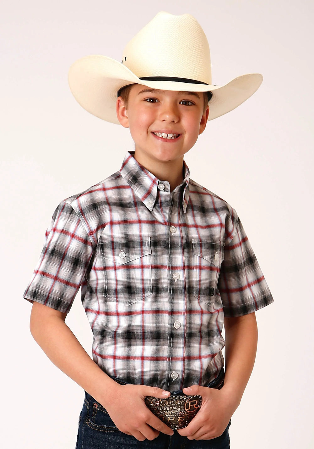 Roper Boys Short Sleeve Button Classic Ombre Stretch Plaid Western Shirt - Roper