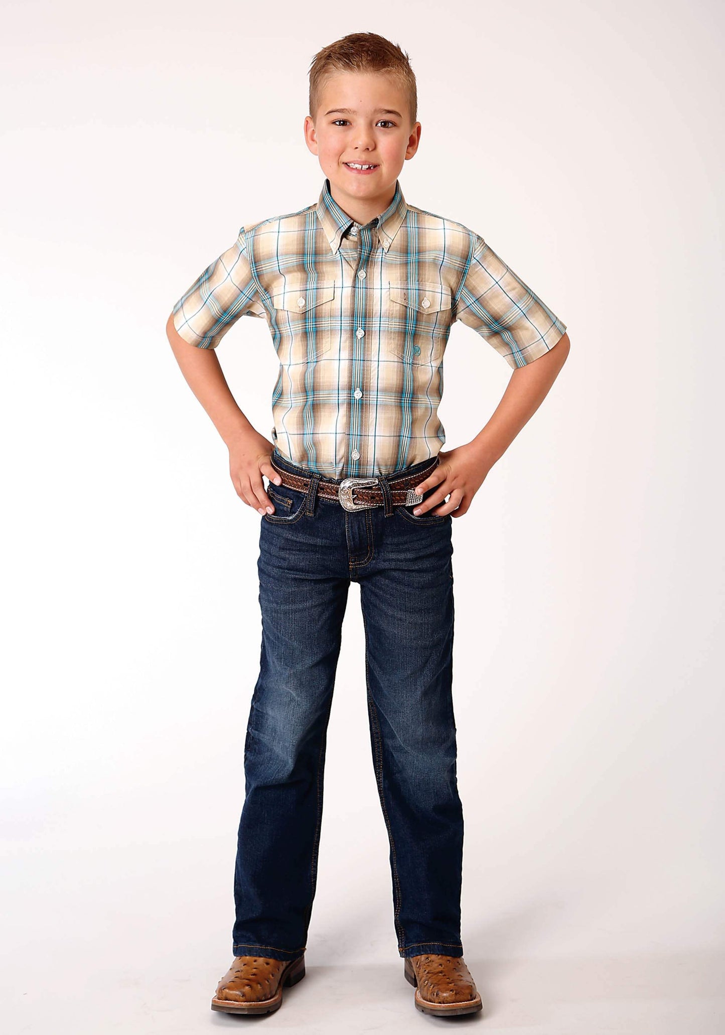 Roper Boys Short Sleeve Button Saddle Plaid Western Shirt - Roper - Flyclothing LLC