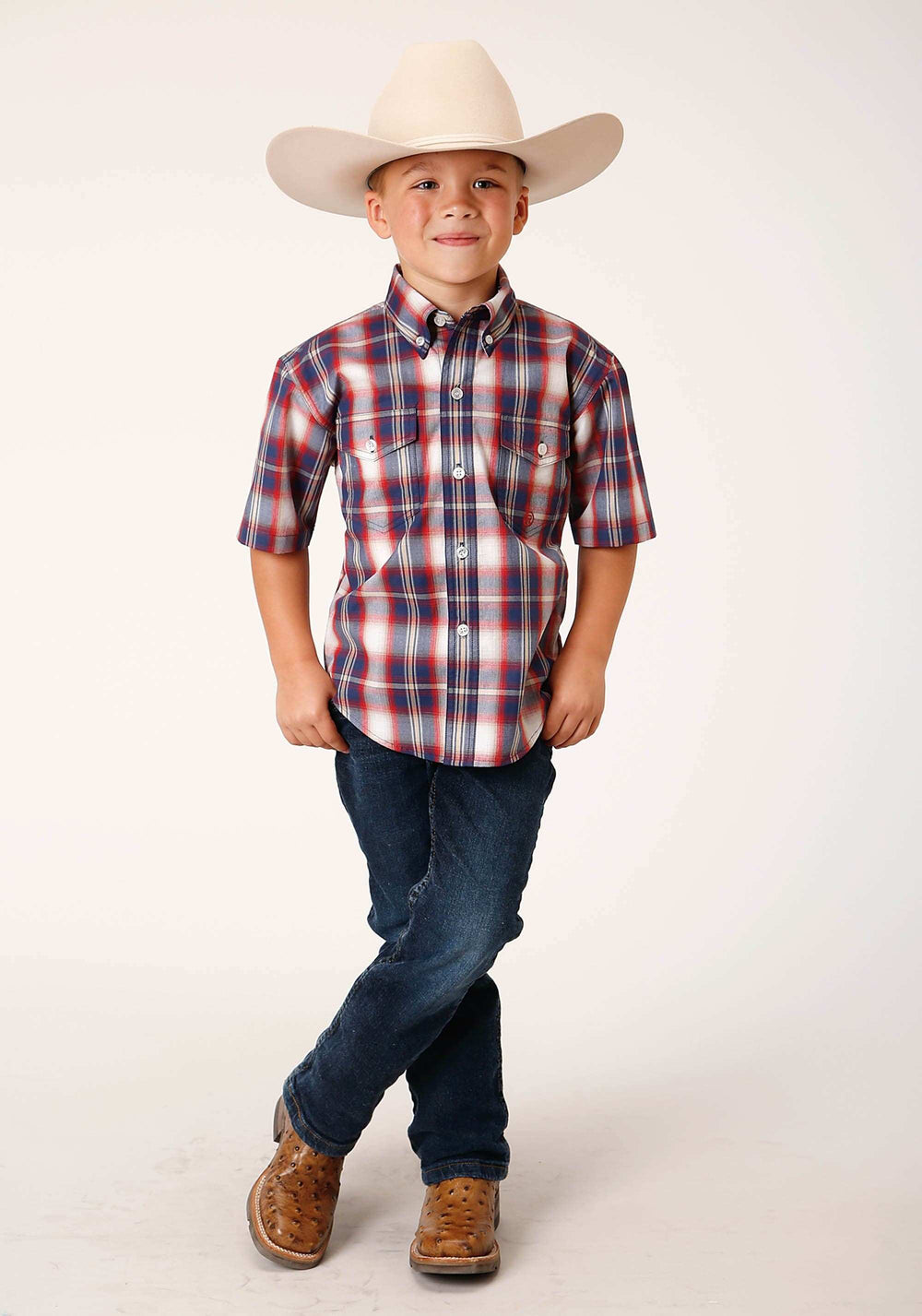 Roper Boys Short Sleeve Button Independence Plaid Western Shirt - Roper - Flyclothing LLC