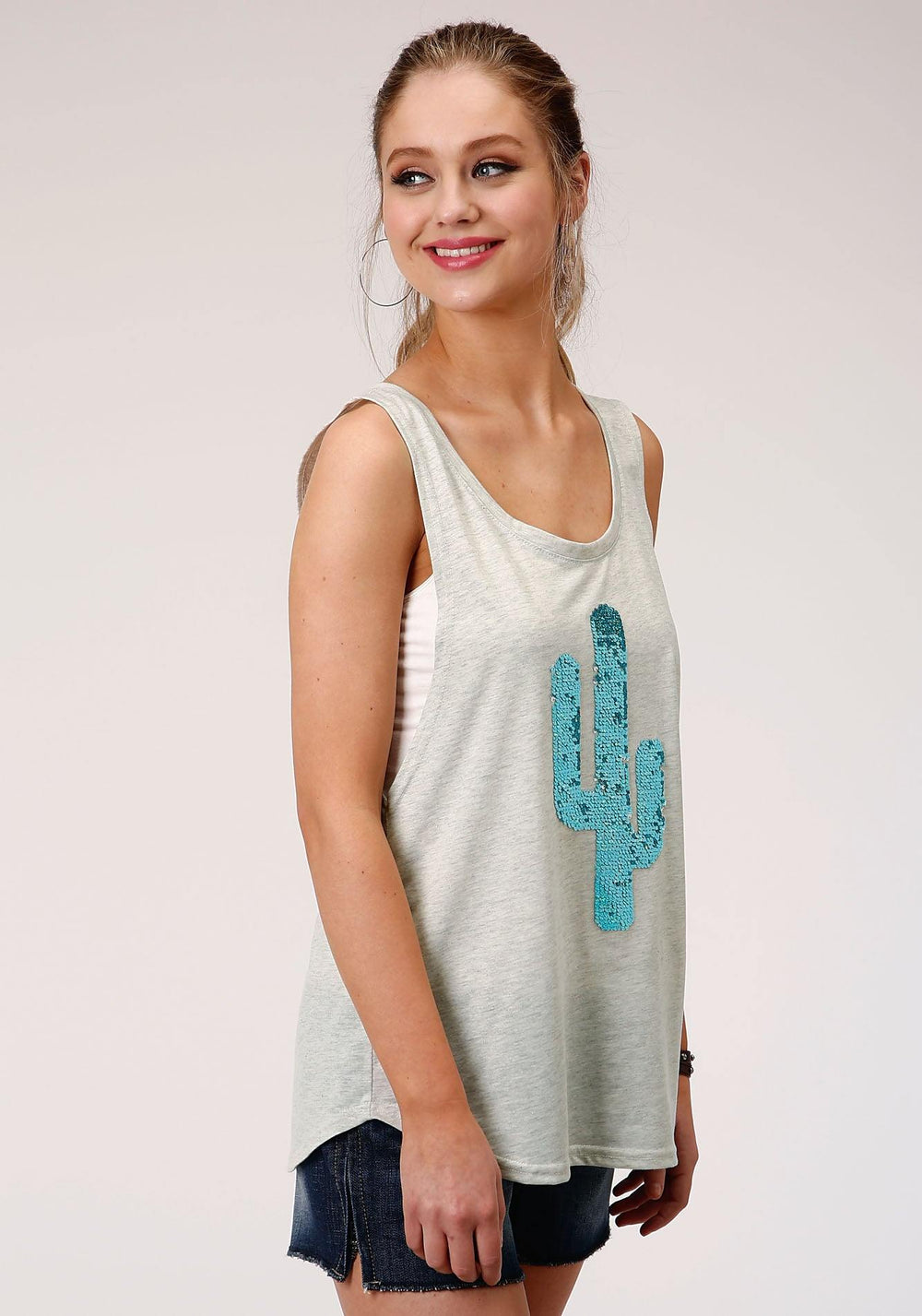 Roper Womens Heather Gray With Sequin Decoration Sleeveless Knit Top - Roper
