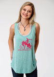 Roper Womens Aqua Solid With Pink Screen Print Sleeveless Knit Top - Roper
