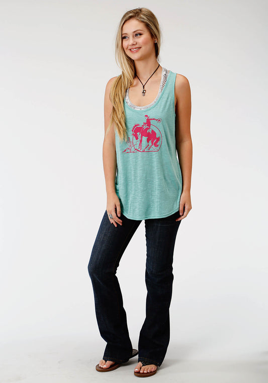 Roper Womens Aqua Solid With Pink Screen Print Sleeveless Knit Top