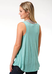 Roper Womens Aqua Solid With Pink Screen Print Sleeveless Knit Top