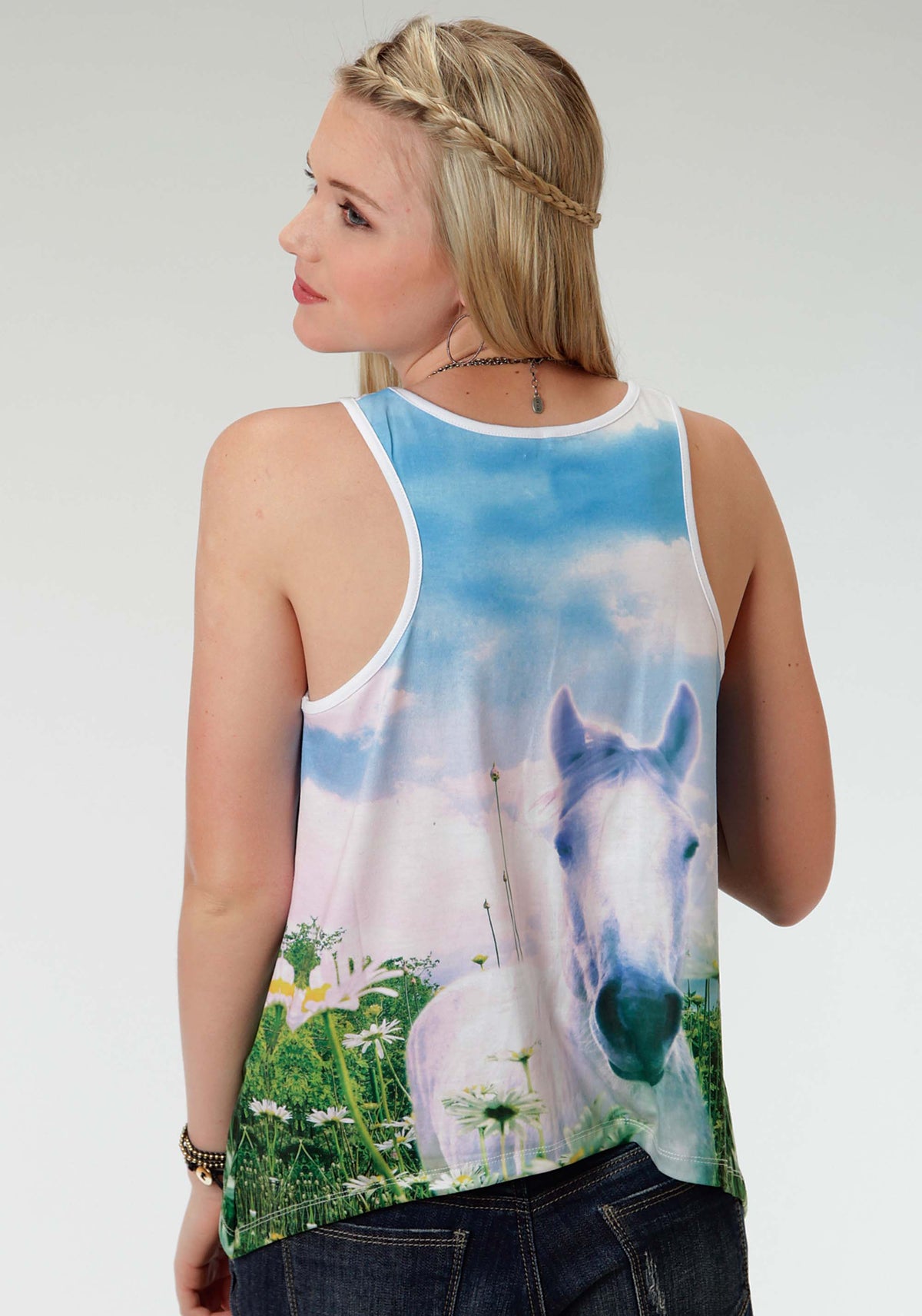 Roper Womens Sublimation Horse Print Sleeveless Knit Top