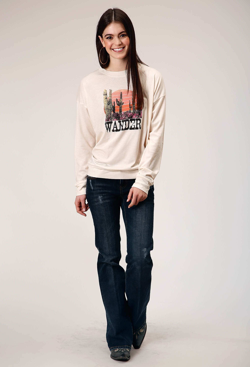 Roper Womens Long Sleeve Knit Cream Poly Rayon Long Sleeve T Top - Roper - Flyclothing LLC