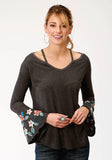 Roper Womens Heather Gray With Floral Embroidery Long Sleeve Knit Top - Roper